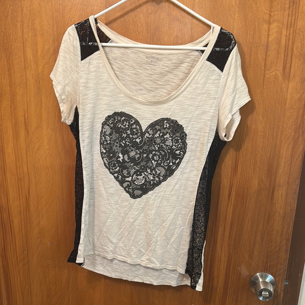 Express Cream and Black Lace Heart Tee
